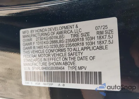 2025 Honda Odyssey Ex-L из США, поврежденный, VIN 5FNRL6H69SB088464